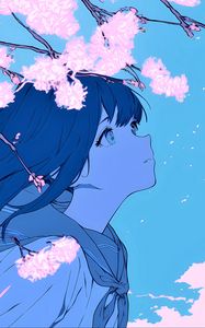 Preview wallpaper girl, glance, wind, flowers, blue, anime