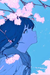 Preview wallpaper girl, glance, wind, flowers, blue, anime