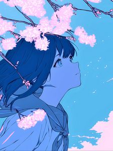 Preview wallpaper girl, glance, wind, flowers, blue, anime