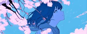 Preview wallpaper girl, glance, wind, flowers, blue, anime