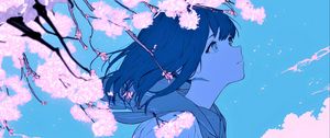 Preview wallpaper girl, glance, wind, flowers, blue, anime