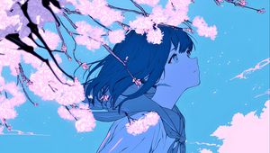 Preview wallpaper girl, glance, wind, flowers, blue, anime