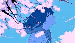 Preview wallpaper girl, glance, wind, flowers, blue, anime