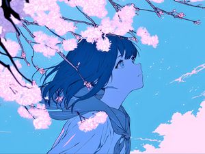 Preview wallpaper girl, glance, wind, flowers, blue, anime