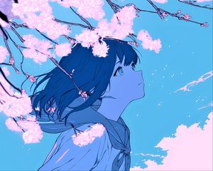 Preview wallpaper girl, glance, wind, flowers, blue, anime