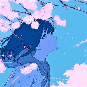 Preview wallpaper girl, glance, wind, flowers, blue, anime