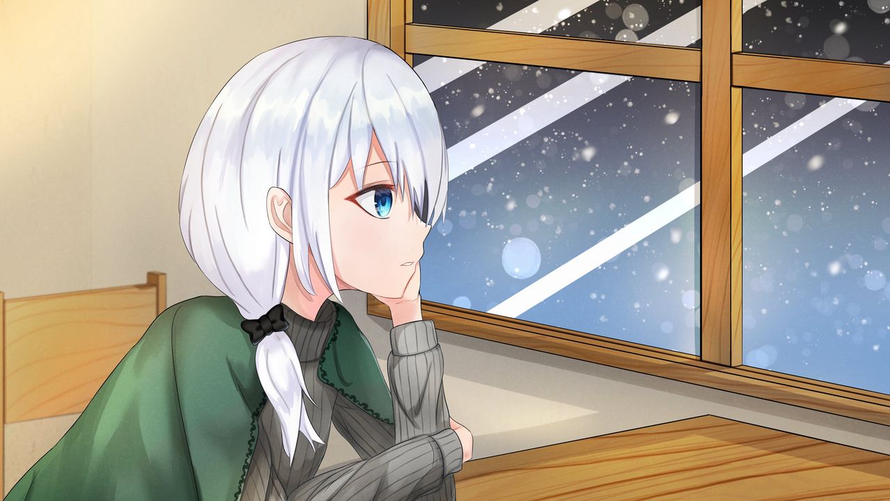 Wallpaper girl, glance, window, snow, winter, cozy, anime
