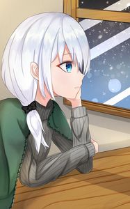 Preview wallpaper girl, glance, window, snow, winter, cozy, anime