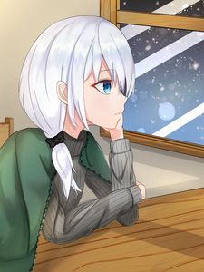 Preview wallpaper girl, glance, window, snow, winter, cozy, anime