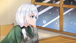 Preview wallpaper girl, glance, window, snow, winter, cozy, anime