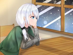 Preview wallpaper girl, glance, window, snow, winter, cozy, anime