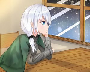 Preview wallpaper girl, glance, window, snow, winter, cozy, anime