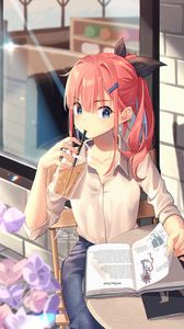Preview wallpaper girl, glass, drink, book, reading, anime