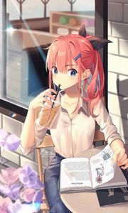 Preview wallpaper girl, glass, drink, book, reading, anime