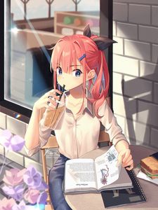 Preview wallpaper girl, glass, drink, book, reading, anime