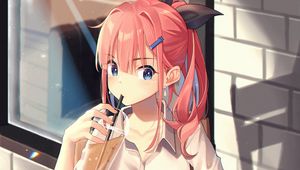 Preview wallpaper girl, glass, drink, book, reading, anime