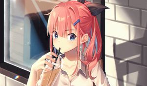 Preview wallpaper girl, glass, drink, book, reading, anime