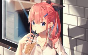 Preview wallpaper girl, glass, drink, book, reading, anime