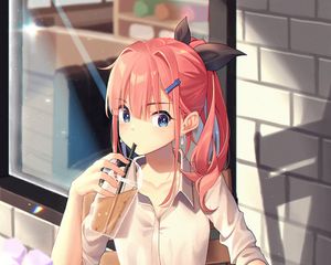 Preview wallpaper girl, glass, drink, book, reading, anime