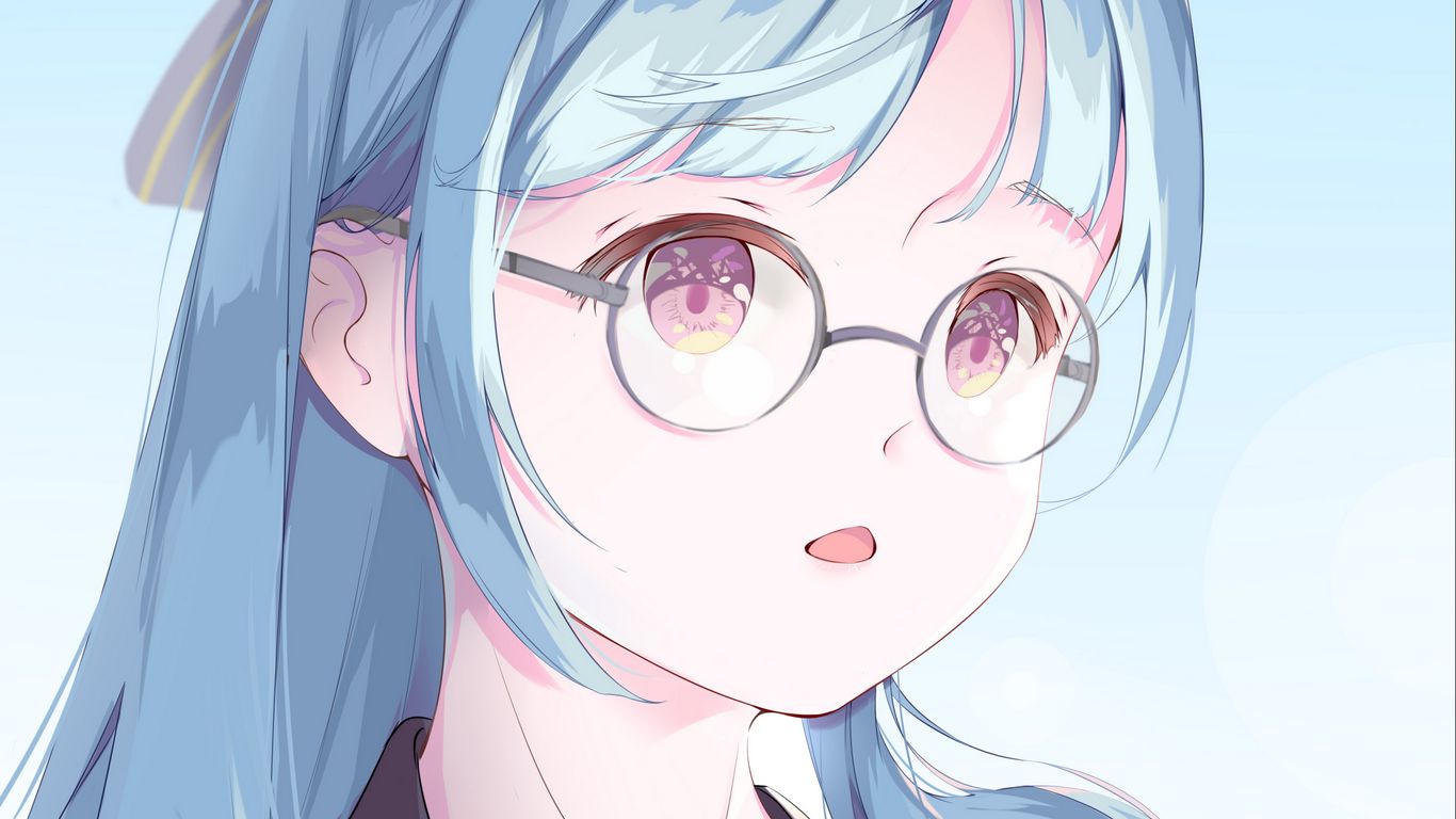 Download wallpaper 1366x768 girl, glasses, anime, art, blue tablet