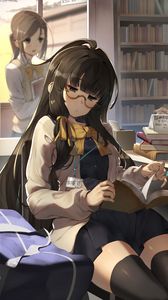 Preview wallpaper girl, glasses, book, library, reading, anime