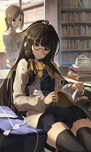 Preview wallpaper girl, glasses, book, library, reading, anime