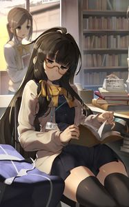 Preview wallpaper girl, glasses, book, library, reading, anime