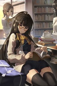 Preview wallpaper girl, glasses, book, library, reading, anime