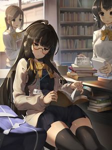 Preview wallpaper girl, glasses, book, library, reading, anime