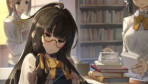 Preview wallpaper girl, glasses, book, library, reading, anime