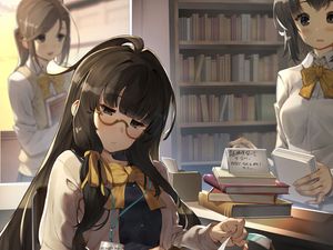 Preview wallpaper girl, glasses, book, library, reading, anime