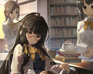 Preview wallpaper girl, glasses, book, library, reading, anime