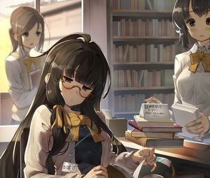 Preview wallpaper girl, glasses, book, library, reading, anime