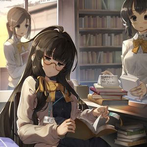 Preview wallpaper girl, glasses, book, library, reading, anime