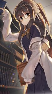 Preview wallpaper girl, glasses, book, library, anime