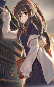 Preview wallpaper girl, glasses, book, library, anime