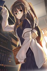 Preview wallpaper girl, glasses, book, library, anime