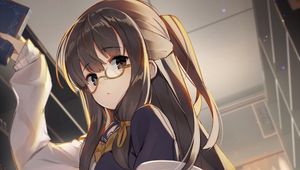 Preview wallpaper girl, glasses, book, library, anime