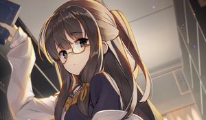 Preview wallpaper girl, glasses, book, library, anime