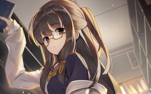 Preview wallpaper girl, glasses, book, library, anime
