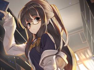 Preview wallpaper girl, glasses, book, library, anime