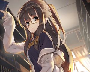 Preview wallpaper girl, glasses, book, library, anime