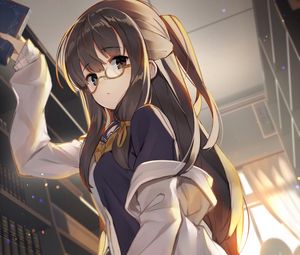 Preview wallpaper girl, glasses, book, library, anime