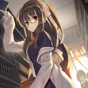 Preview wallpaper girl, glasses, book, library, anime