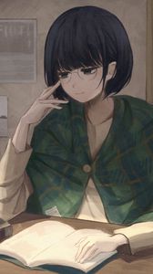 Preview wallpaper girl, glasses, books, reading, anime, art