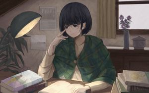 Preview wallpaper girl, glasses, books, reading, anime, art