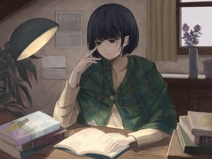 Preview wallpaper girl, glasses, books, reading, anime, art