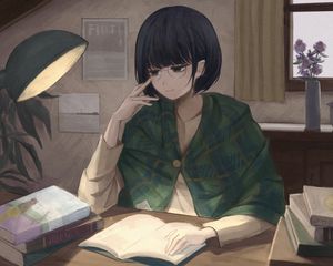 Preview wallpaper girl, glasses, books, reading, anime, art