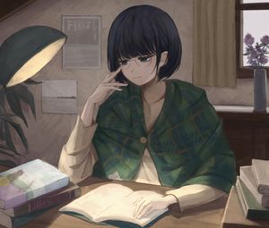 Preview wallpaper girl, glasses, books, reading, anime, art