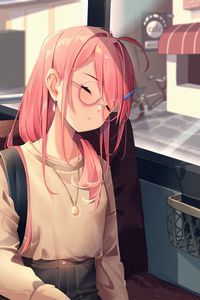 Preview wallpaper girl, glasses, bus, sleep, anime